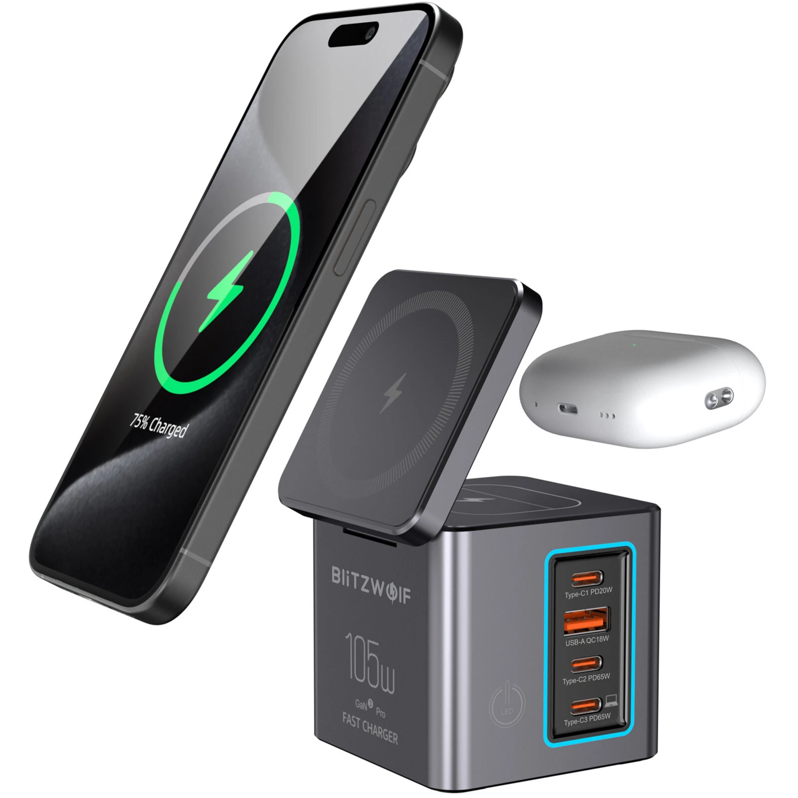 Blitzwolf BW i113 105W GaN 6-in-1 Charging Station: Ασύρματη φόρτιση, PD QC, LED, για iPhone, iPad, MacBook, Airpods, Watch! Με 22€ από Banggood!